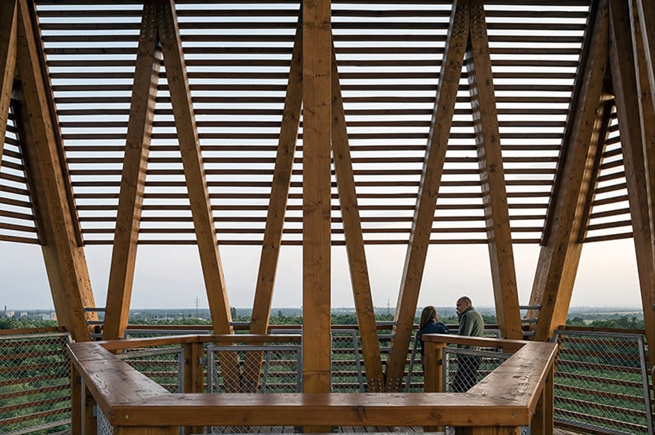 This winding timber lookout tower in Budapest provides 360 degree views of a nature reserve