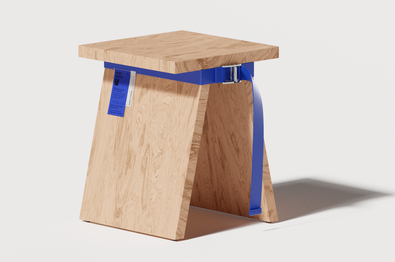 Minimalist stool combines wood and webbing to create a fresh and fun look