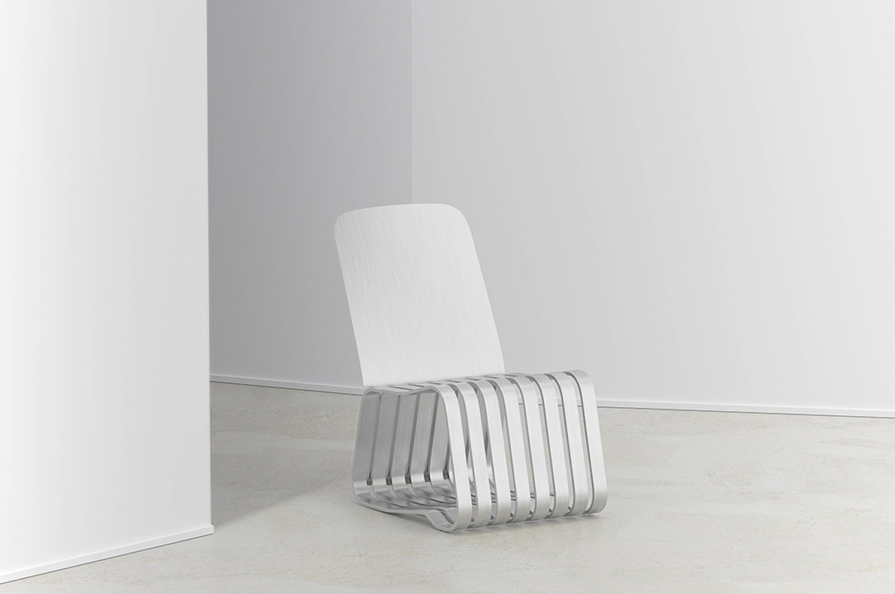 Sleek minimal aluminum + stainless steel chair was designed for quiet contemplation