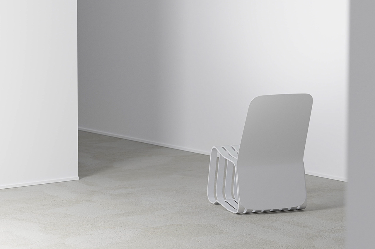 Sleek minimal aluminum + stainless steel chair was designed for quiet contemplation