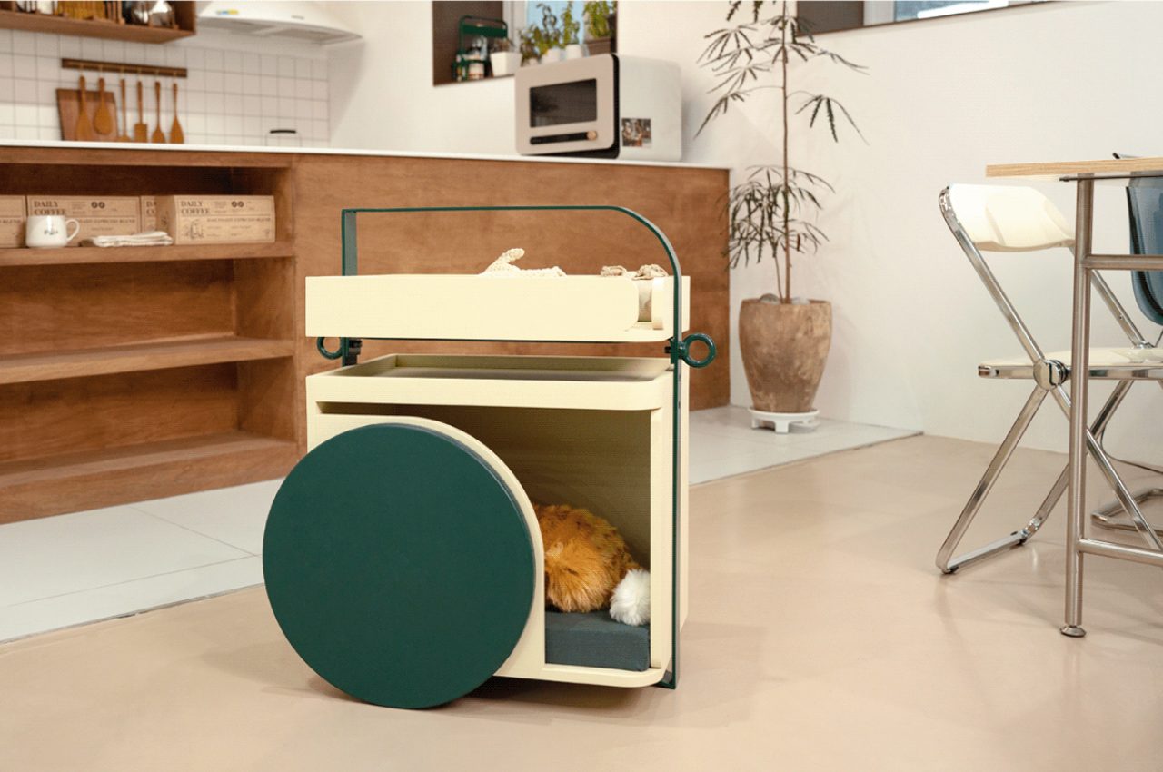 #A sneaky hiding space for your pet merged with a movable furniture makes this dolly the best of both worlds