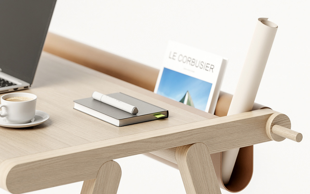 Stretch Desk is a minimalist desk with a spinning leather bookstand that let’s you customize your workspace