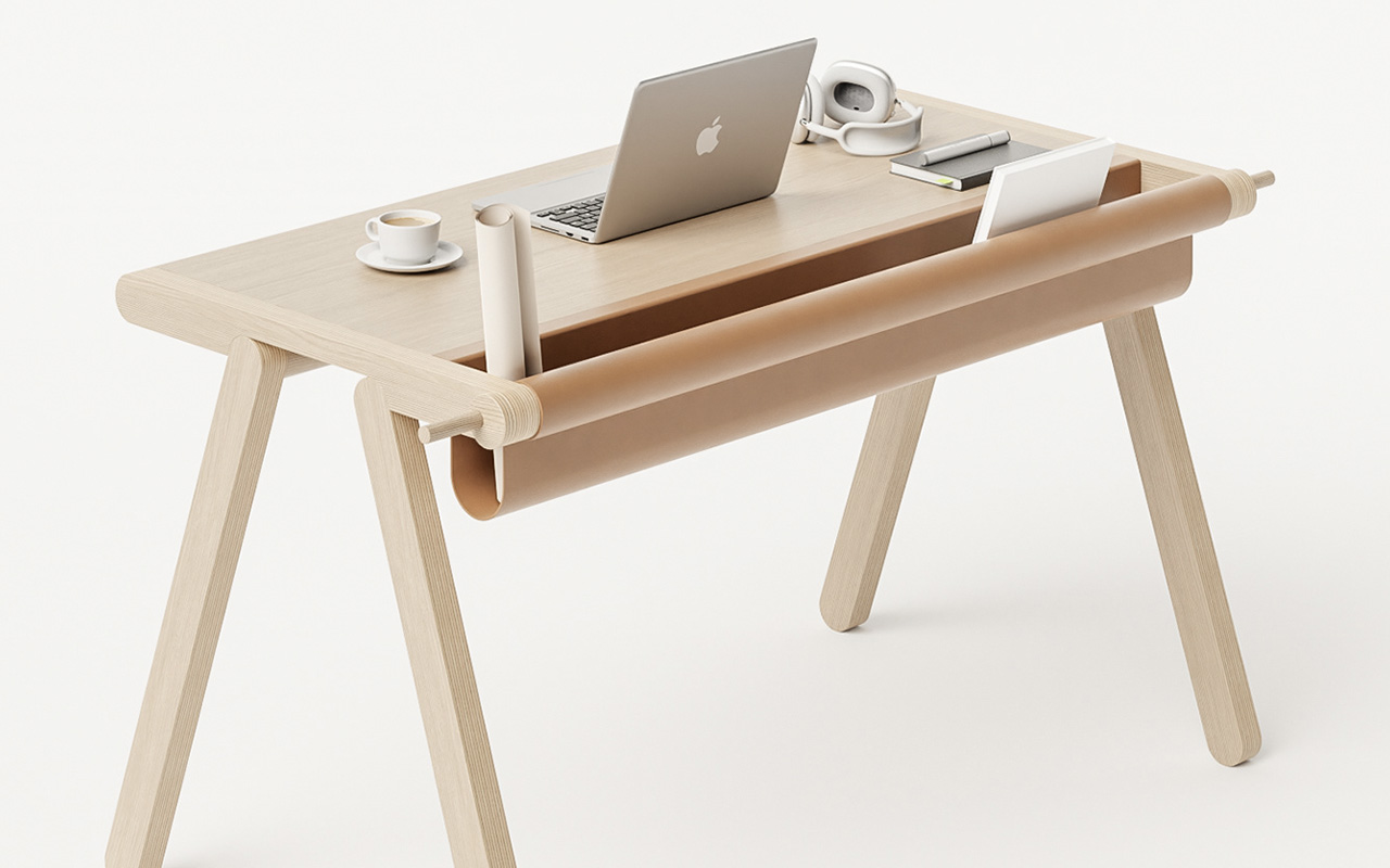 Stretch Desk is a minimalist desk with a spinning leather bookstand that let’s you customize your workspace