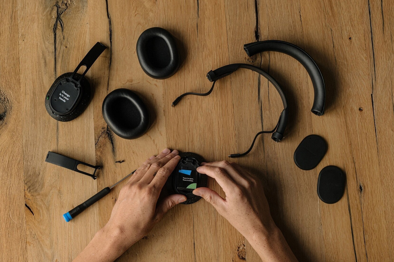 Sustainably built Fairphone Fairbuds XL headphones are repair friendly + easily swapped with new components