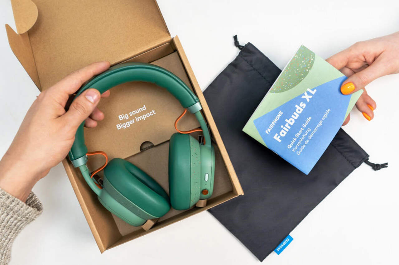 Sustainably built Fairphone Fairbuds XL headphones are repair friendly + easily swapped with new components