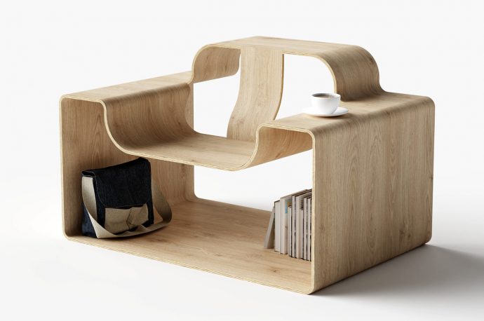 Minimalist wooden armchair doubles up as a convenient desk