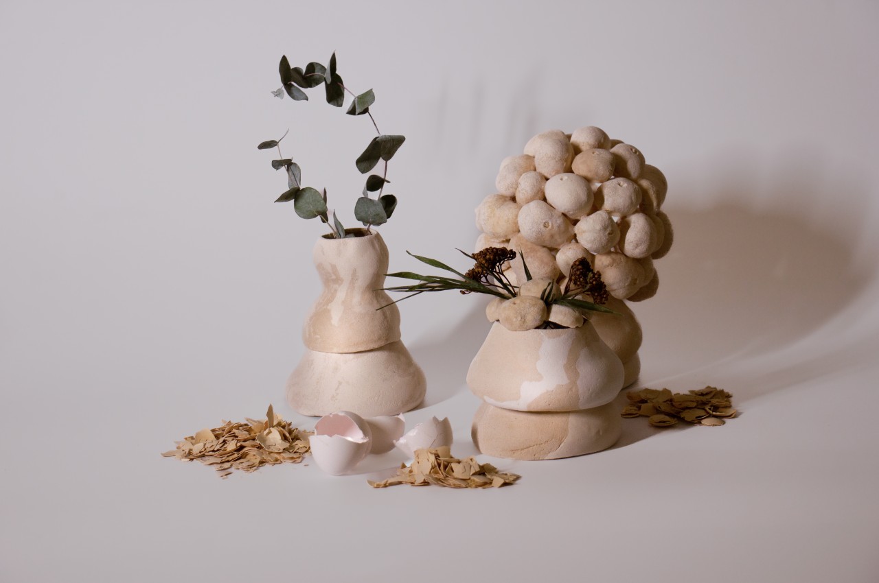 These clay-like vases and lamps are actually made from eggshells and tapioca starch