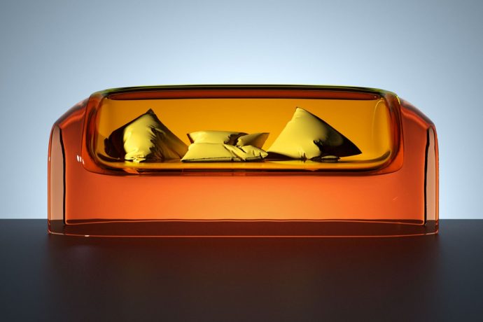 Transparent sofa made from polycarbonate sheet belongs in a sci-fi billionaire’s duplex
