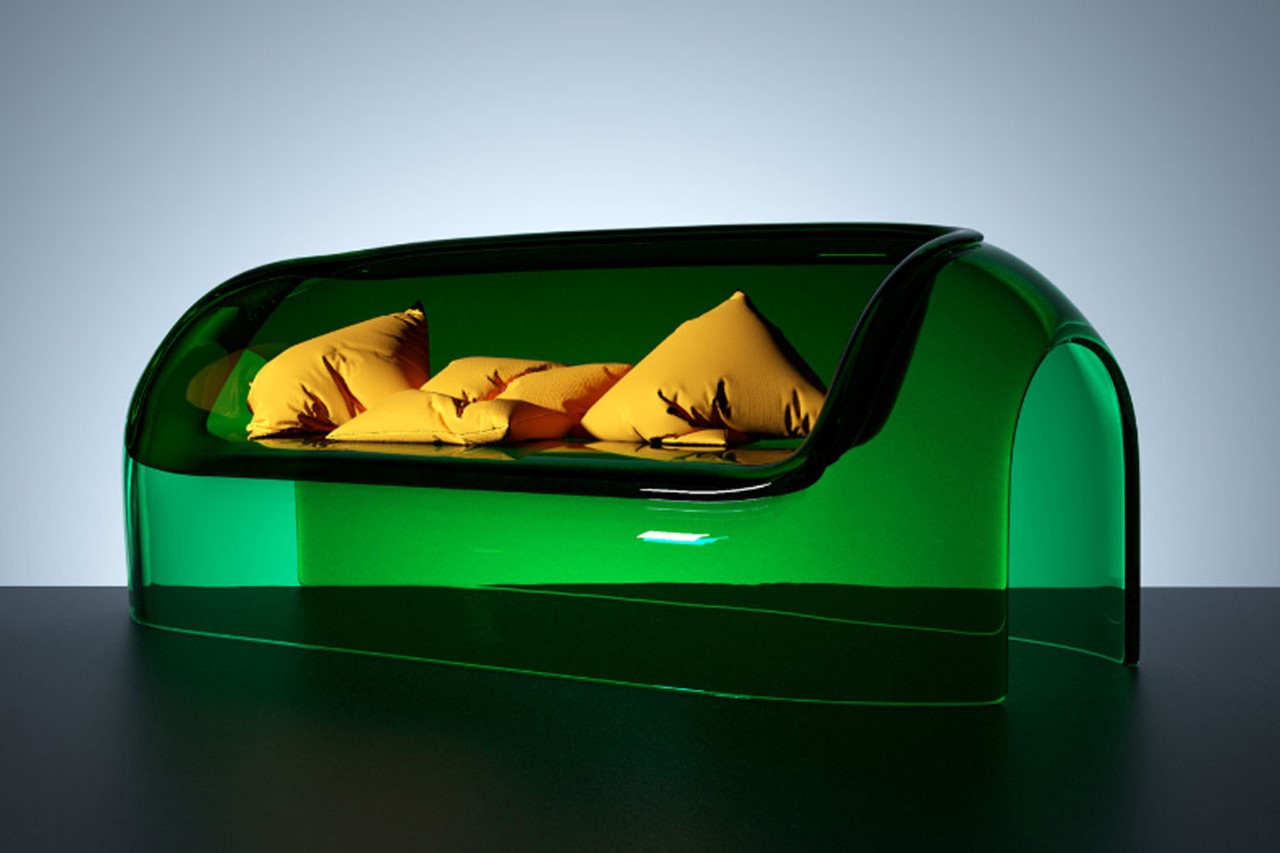 Transparent sofa made from polycarbonate sheet belongs in a sci-fi billionaire’s duplex