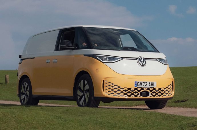 VW ID Buzz electric camper van with portable toilet and mini fridge is a vibrant luxury hotel on wheels