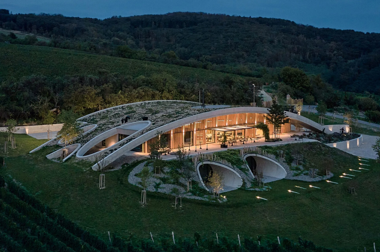 Toto české vinařství má šikmou zelenou střechu, díky které splyne s krajinou – design Jango