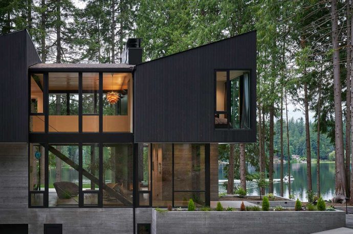 This picturesque cantilevered lakefront home is inspired by the Minecraft game