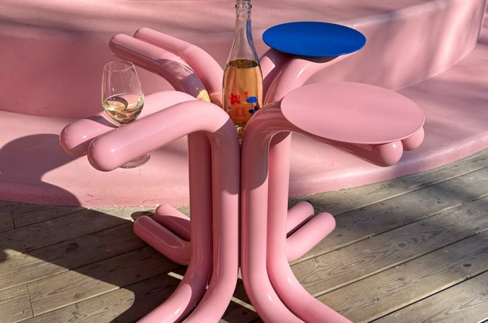 Quirky baby pink wine table will hold your wine bottle/glasses for your yard picnics this summer