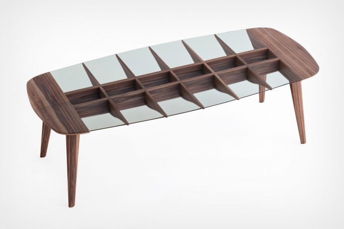 Unusual herringbone-inspired table is a visual fusion of wood and glass
