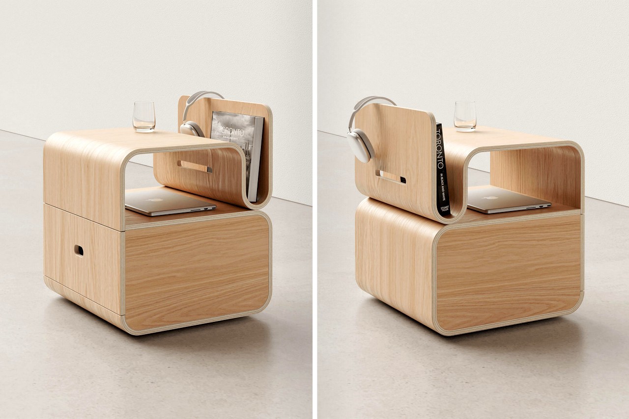 #Charmingly Minimalist Nightstand with a Bent Plywood Design holds your Books, Gadgets, and Essentials