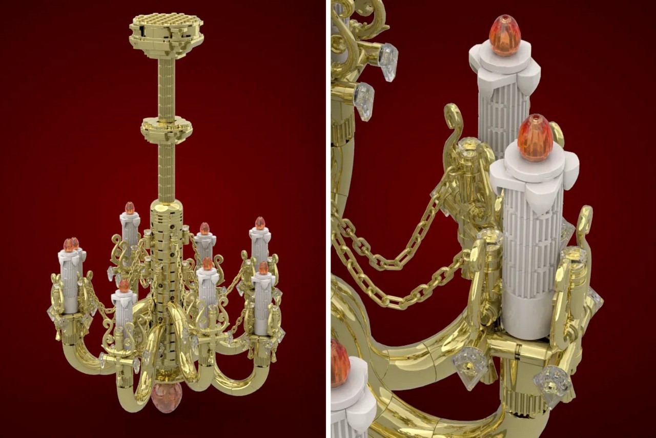 LEGO Antique Chandelier is a gold chrome-plated fixture with 8 LEGO candles