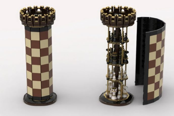 This Ingenious LEGO Chess Board folds into a Sculptural Tower when not in use