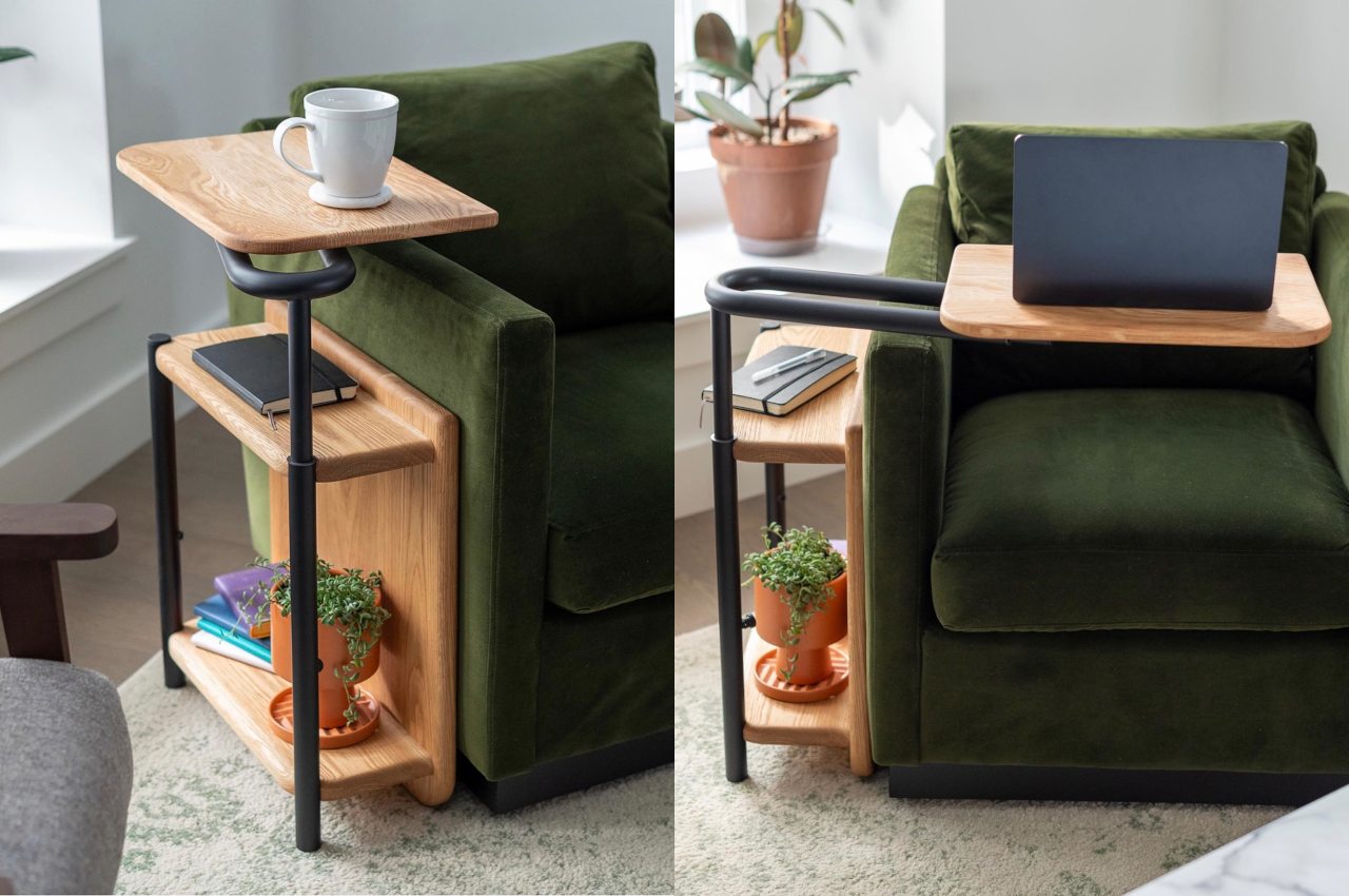 This beautiful adjustable side table was made for accessibility and uses reclaimed wood