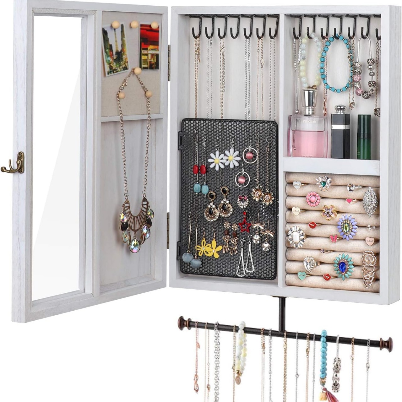 1pc Portable Hanging Jewelry Storage Organizer Storage Roll With Hanger  Metal Hooks, Double-Sided Jewelry Holder For Earrings, Necklaces, Rings On  Cl