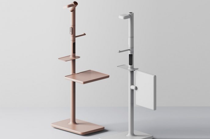 Vertical workstation complete with lamp, power supply, and modular shelves moves to where you want your office set up