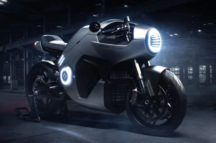 EyeLights Rocket One is a futuristic high-performance electric motorcycle with a fighter jet-like HUD