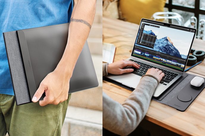 This slim laptop sleeve doubles as a portable desk mat and wireless charger