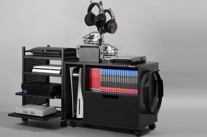 Bauhutte’s special cabinet for storing game consoles, controllers, and titles will get the gamers highly organized