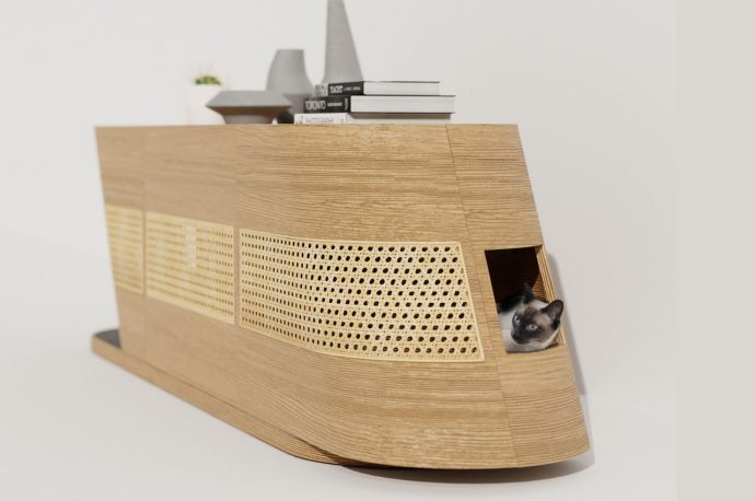 Pet-friendly Console Table comes with a secret tunnel for your cat to play in