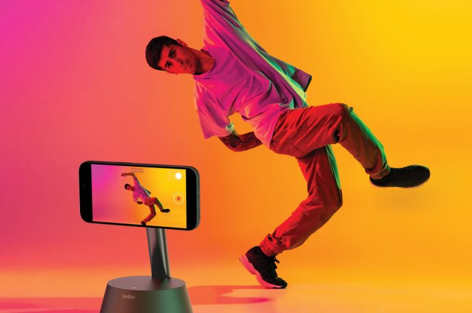 Belkin auto-tracking Stand Pro swivels iPhone 360 degrees with your movement during video calls, recordings