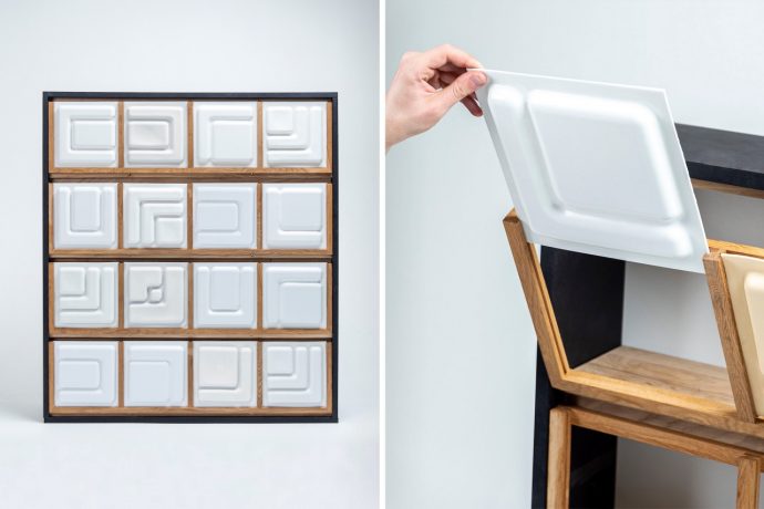 The panels on this crockery shelf are actually designer plates that you can remove and dine in!