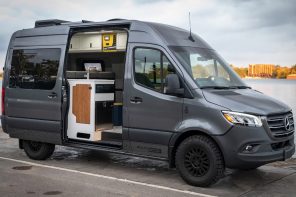 Camper van with space-saving indoor shower and Starlink internet is designed for extended days on road