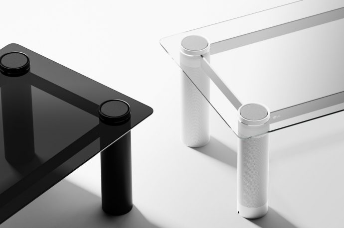 Four speakers masquerade as table legs for a tidier living room