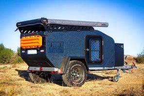 Light, comfortable, and overly versatile Dropy teardrop trailer has compact foldout kitchen