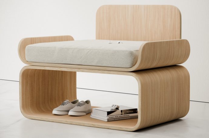 Minimalist wooden furniture uses curved shapes to add storage spaces