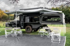 This off-road caravan pops, slides and swings out in all direction to accommodate six on an off-grid expedition