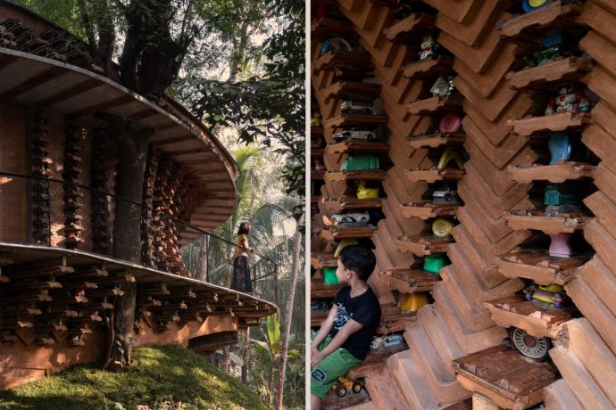 A Sustainable Circular Home that displays Discarded Toys on the Walls as Unique Decor