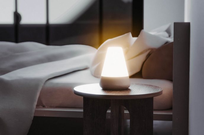 Bedside lava lamp concept improves sleep with white noise, warm lights