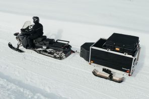 Genimax HR off-road trailer is versatile enough to wear skis and tow behind a snowmobile