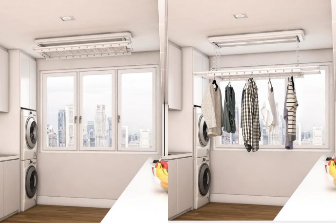 Retractable ceiling-mounted laundry rack saves space and functions as a lamp