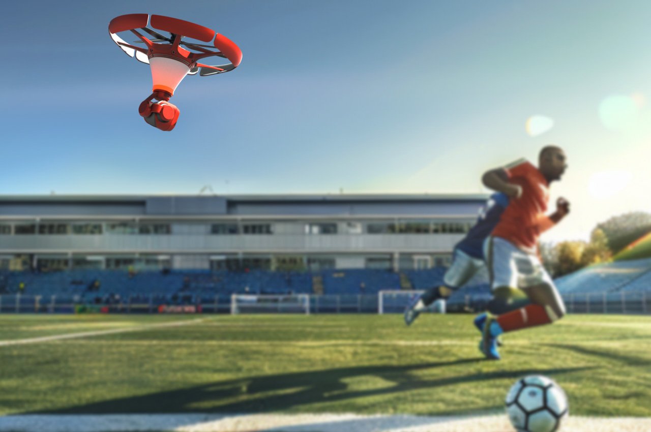 This Drone Referee hovers above the football and players, serving as an airborne VAR