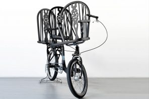 A bicycle with three embedded chairs to ferry around town … wait , what!