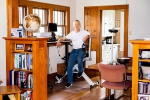 This 59-year-young’s pedal-powered desk is a way to exercise while working from home and helping the environment