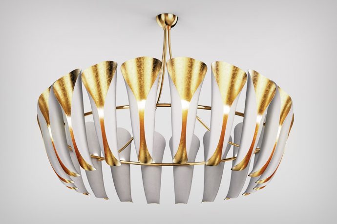 The Pearl Chandelier puts pearl-shaped bulbs within metal sconce ‘oysters’ for a grand lighting aesthetic
