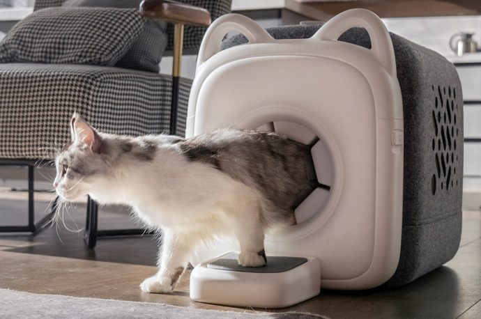 Self-grooming cat house combs away loose fur each time they pass through