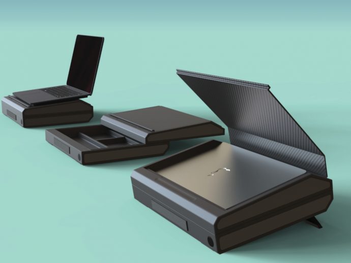 Laptop briefcase concept transforms into a desk and laptop stand