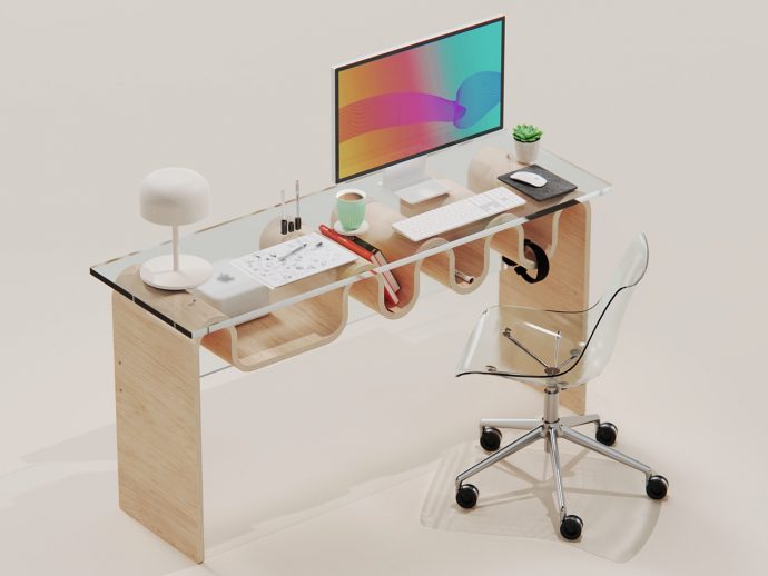 Plywood desk concepts use waves to create easy-access storage spaces