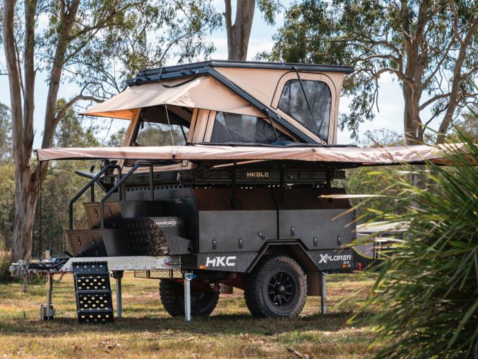 This compact off-road trailer with staircase to the rooftop tent can park in any Aussie garage