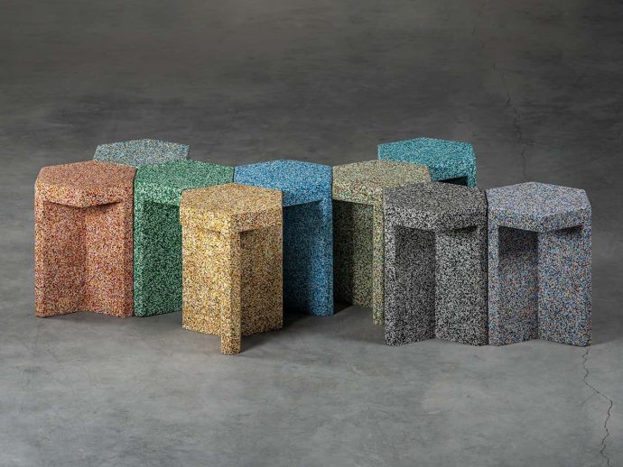 Mosaic-like stools are made from the soles of discarded rubber shoes