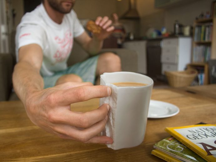 Handle-free mug exercises your grip while sipping your coffee