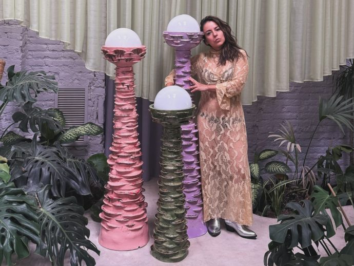 Palm-like floor lamp mix 3D printed and handmade elements in a surreal design